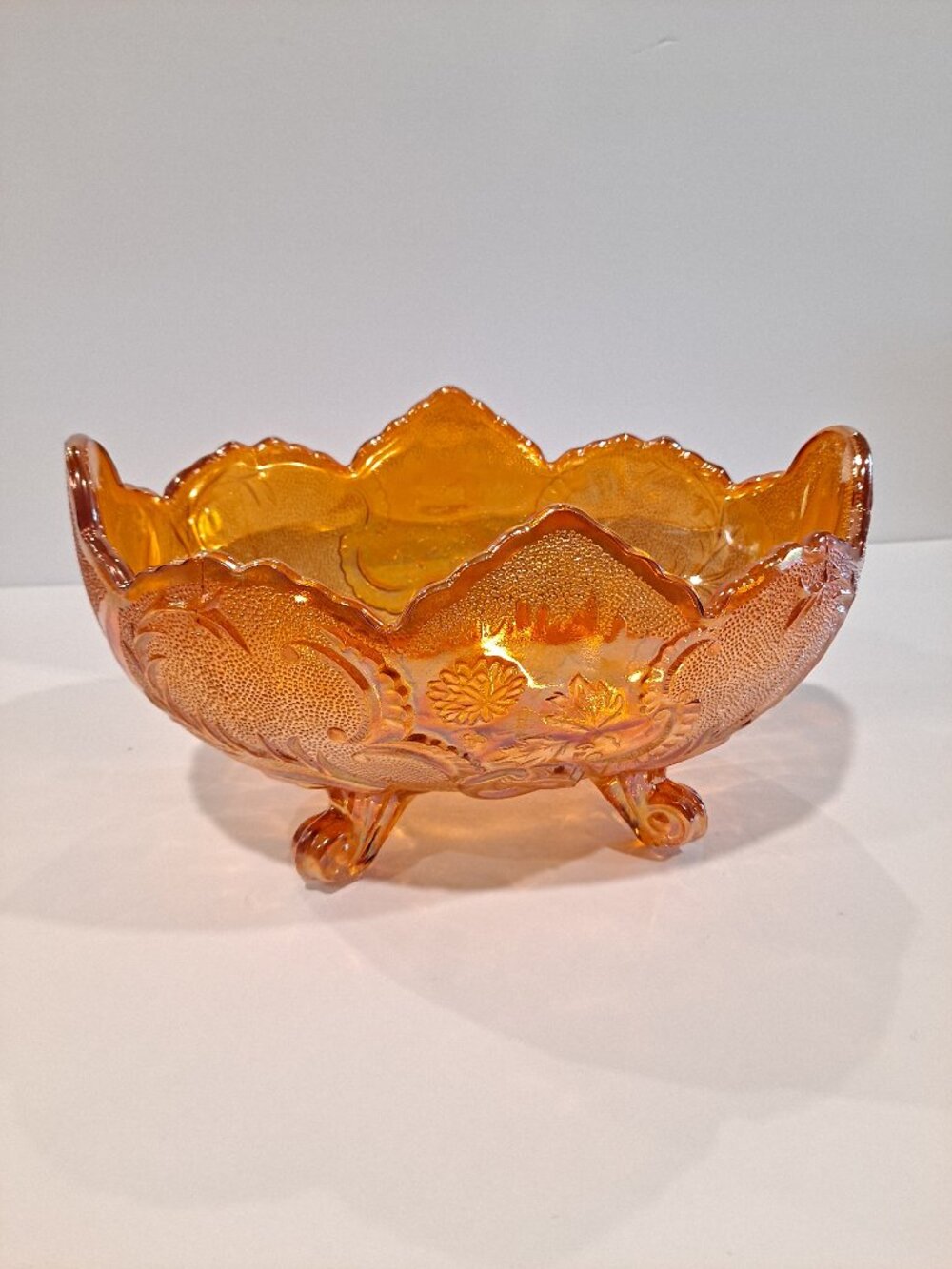 Vintage Jeanette Marigold Carnival Glass Footed Fruit Bowl